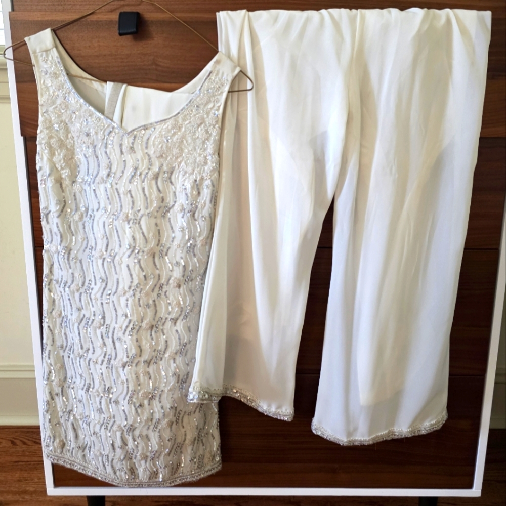 Elegant White Beaded Dress and Pants Set